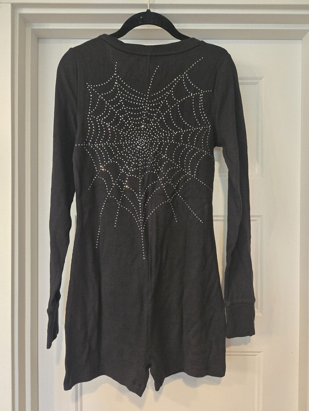 NWT!! Long Sleeve Black Short Romper with Crystal Spider and Web Graphic. Size M - Picture 4 of 5